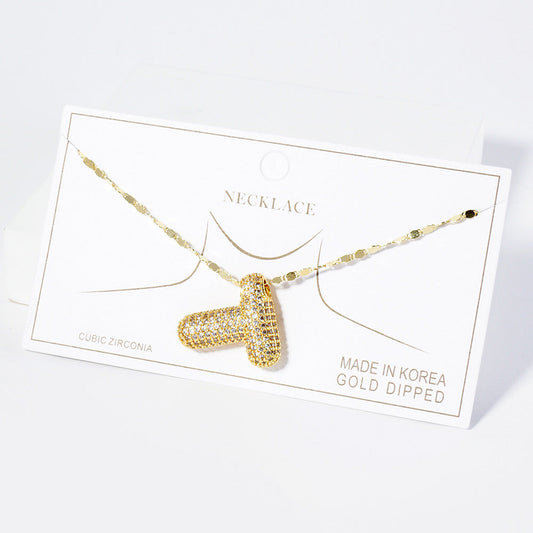 -T- Gold Dipped CZ Stone Paved Initial Monogram Pendant Necklace