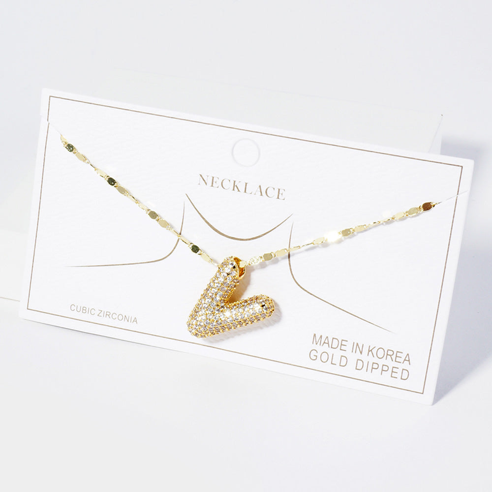 -V- Gold Dipped CZ Stone Paved Initial Monogram Pendant Necklace