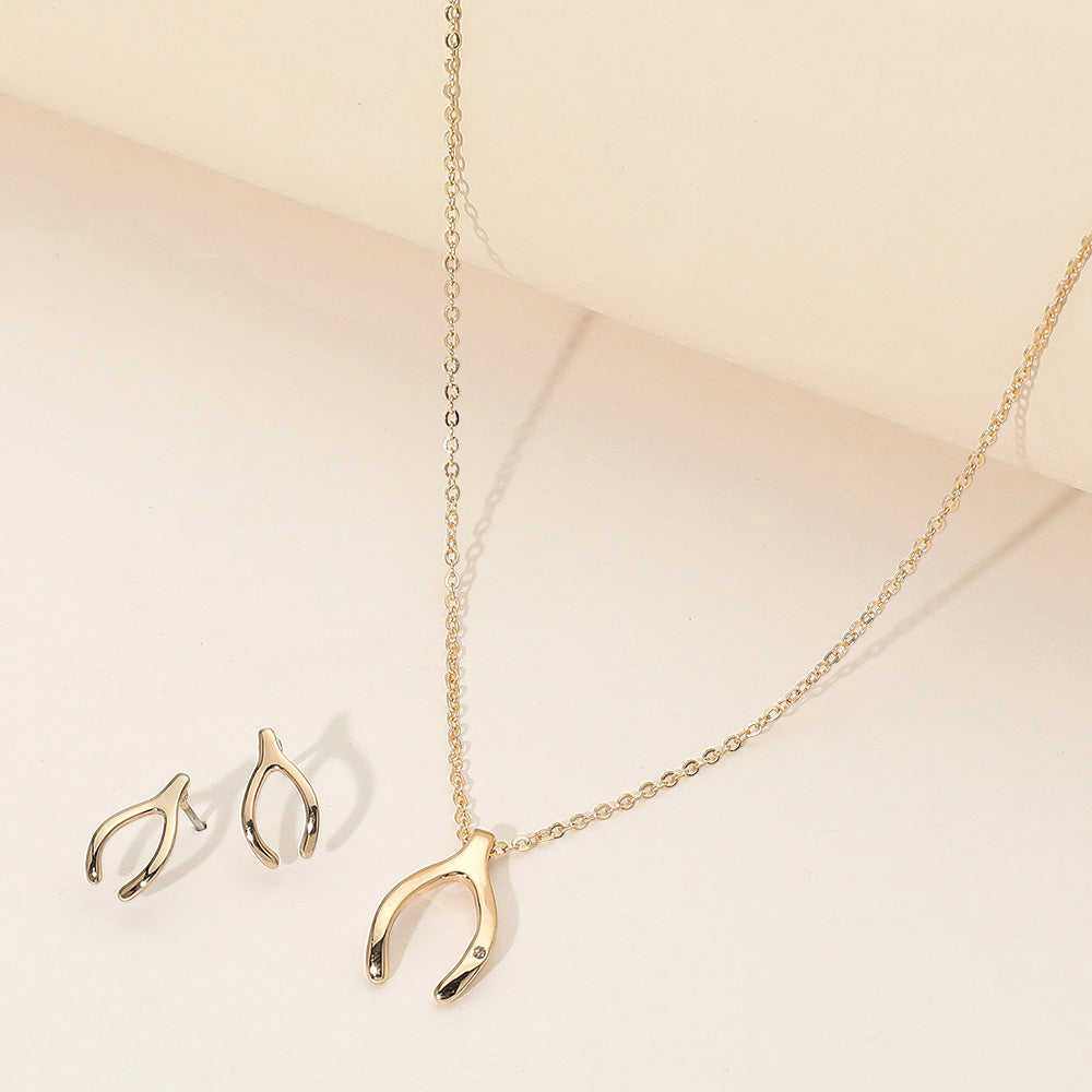 Rhinestone Embellished Brass Metal Wishbone Pendant Necklace