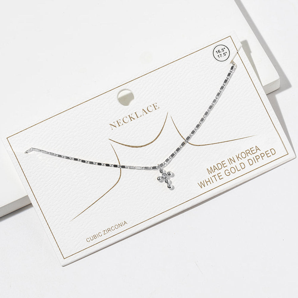 White Gold Dipped CZ Stone Point Mini Cross Pendant Necklace