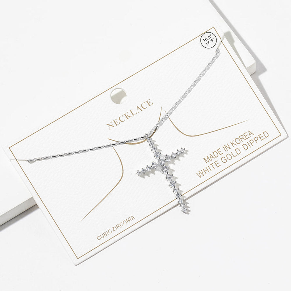 White Gold Dipped CZ Cross Pendant Necklace