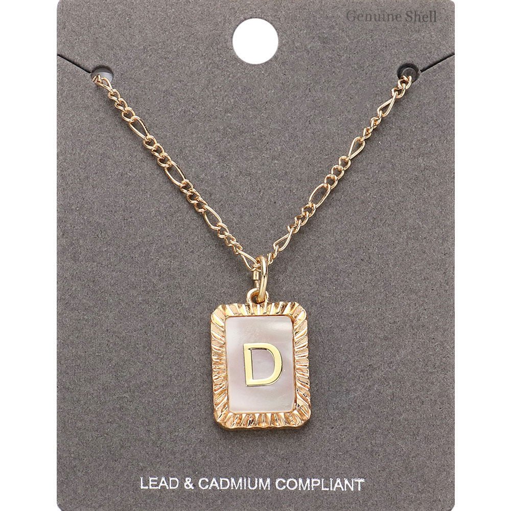 -D- Initial Monogram Genuine Shell Rectangle Pendant Necklace