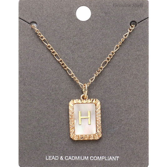 -H- Initial Monogram Genuine Shell Rectangle Pendant Necklace