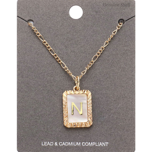 -N- Initial Monogram Genuine Shell Rectangle Pendant Necklace