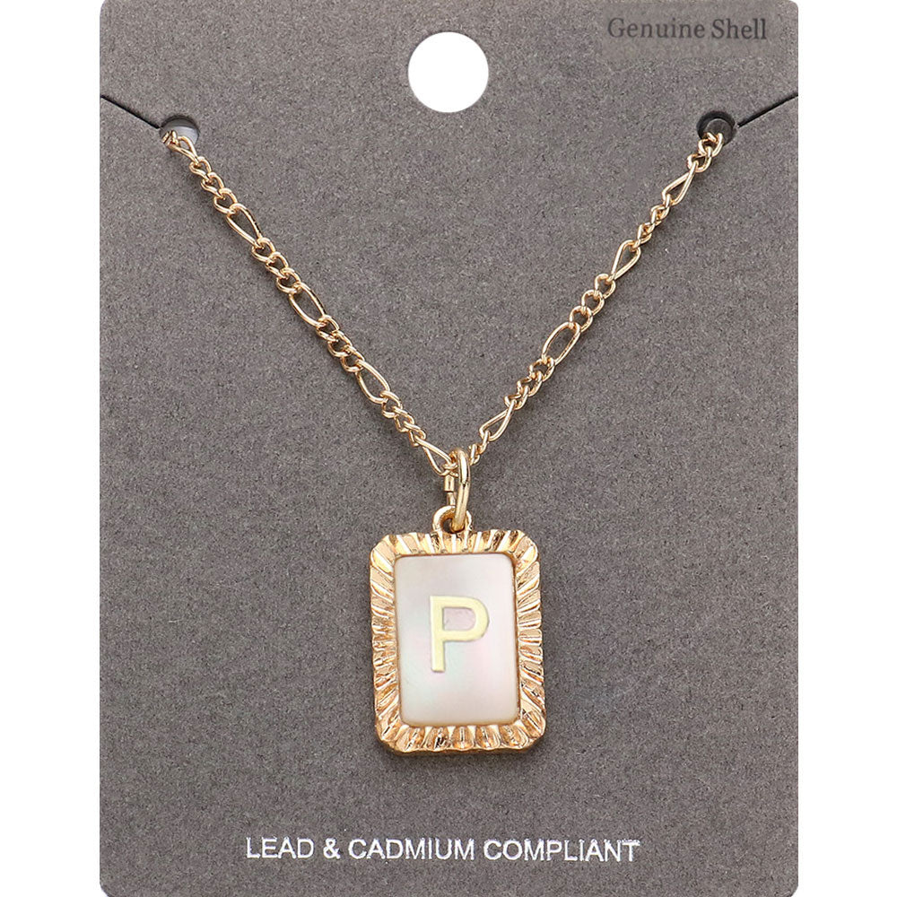 -P- Initial Monogram Genuine Shell Rectangle Pendant Necklace