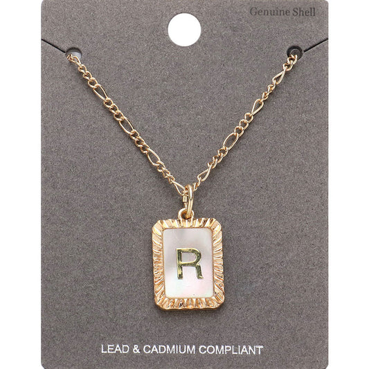 -R- Initial Monogram Genuine Shell Rectangle Pendant Necklace