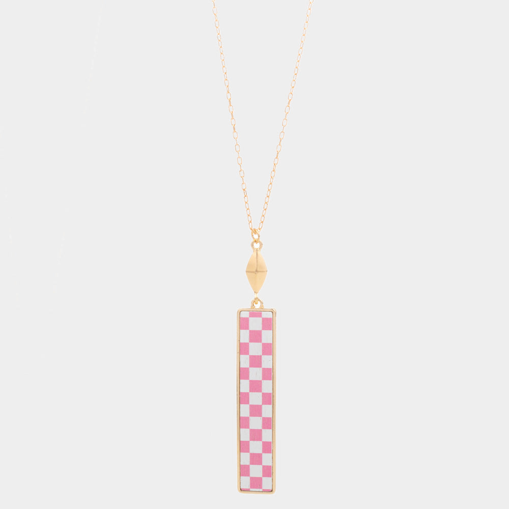 Checkerboard Rectangle Pendant Long Necklace