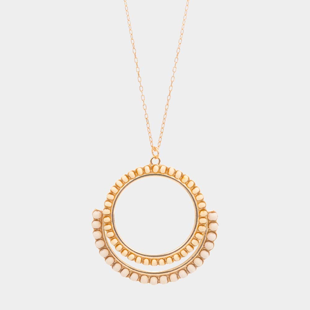 Wood Embellished Geometric Open Circle Pendant Long Necklace