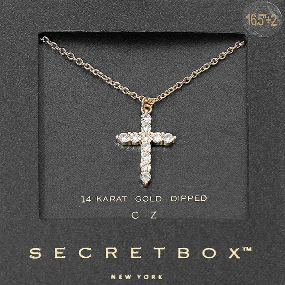 SECRET BOX_14K Gold Dipped CZ Cross Pendant Necklace
