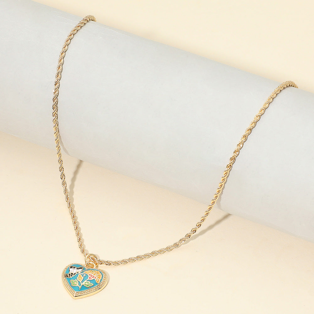 Butterfly Flower Enamel Detailed Heart Pendant Necklace