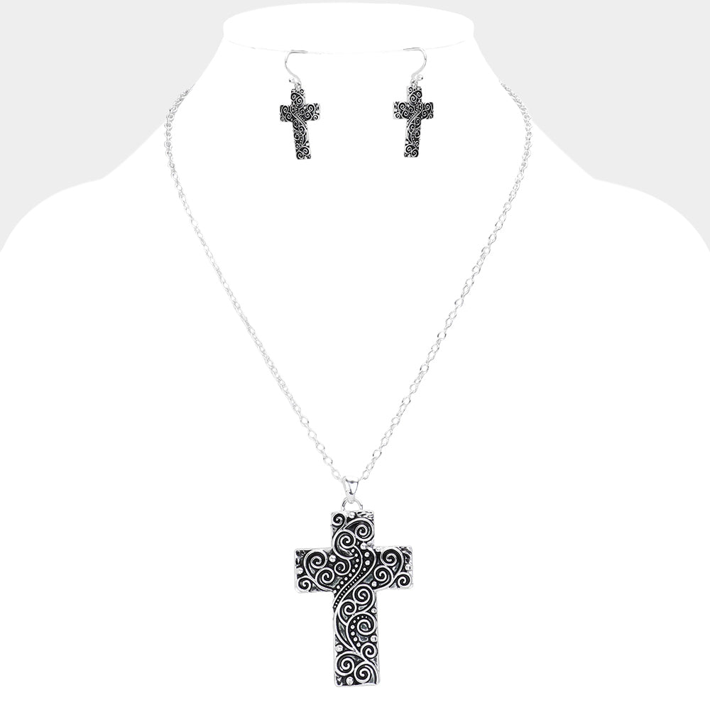 Antique Metal Western Cross Pendant Necklace