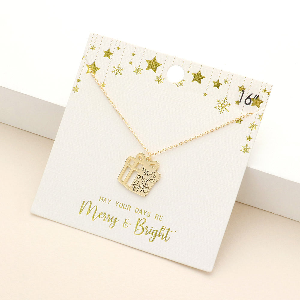 Merry and Happy Message Metal Christmas Gift Pendant Necklace