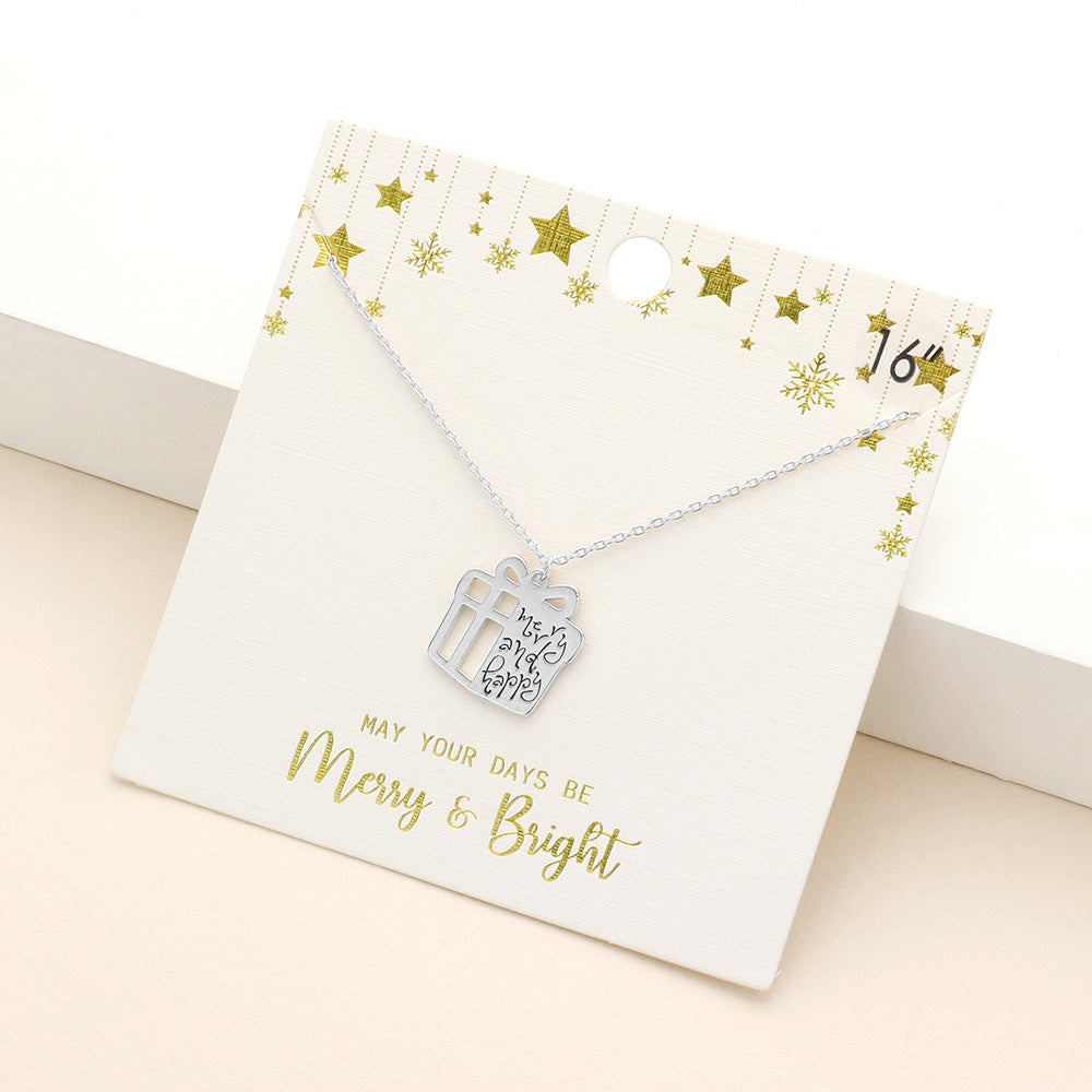 Merry and Happy Message Metal Christmas Gift Pendant Necklace