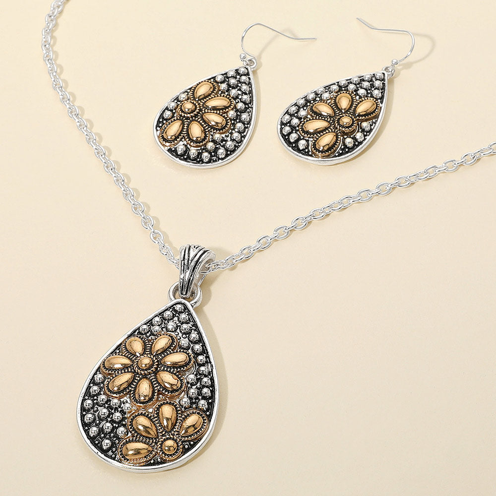 Embossed Floral Pattern Textured Metal Teardrop Pendant Necklace