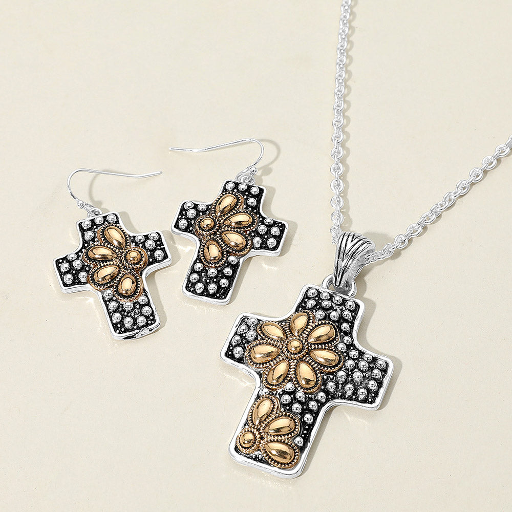 Embossed Floral Pattern Textured Metal Cross Pendant Necklace