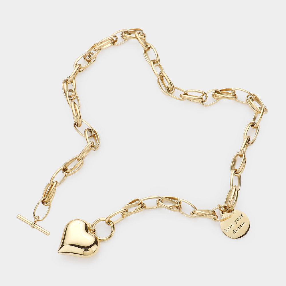 Metal Heart Pendant Live Your Dream Message Charm Chain Toggle Necklace