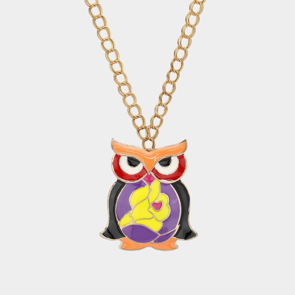 Enamel Owl Pendant Long necklace