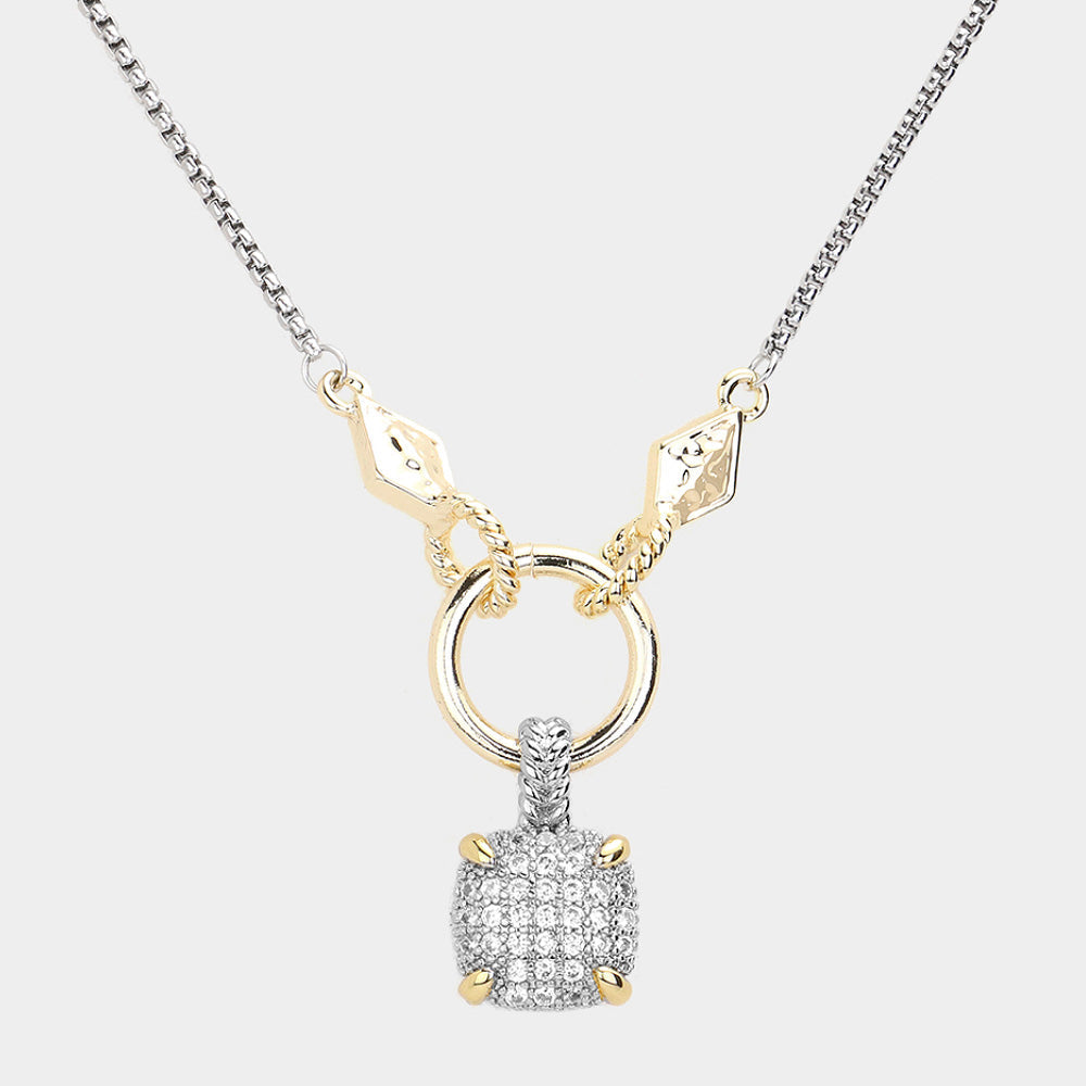 14K Gold Plated Two Tone CZ Stone Paved Square Pendant Necklace