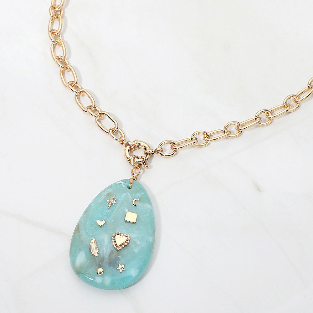Heart Feather Star Charm Embellished Teardrop Resin Stone Pendant Statement Necklace