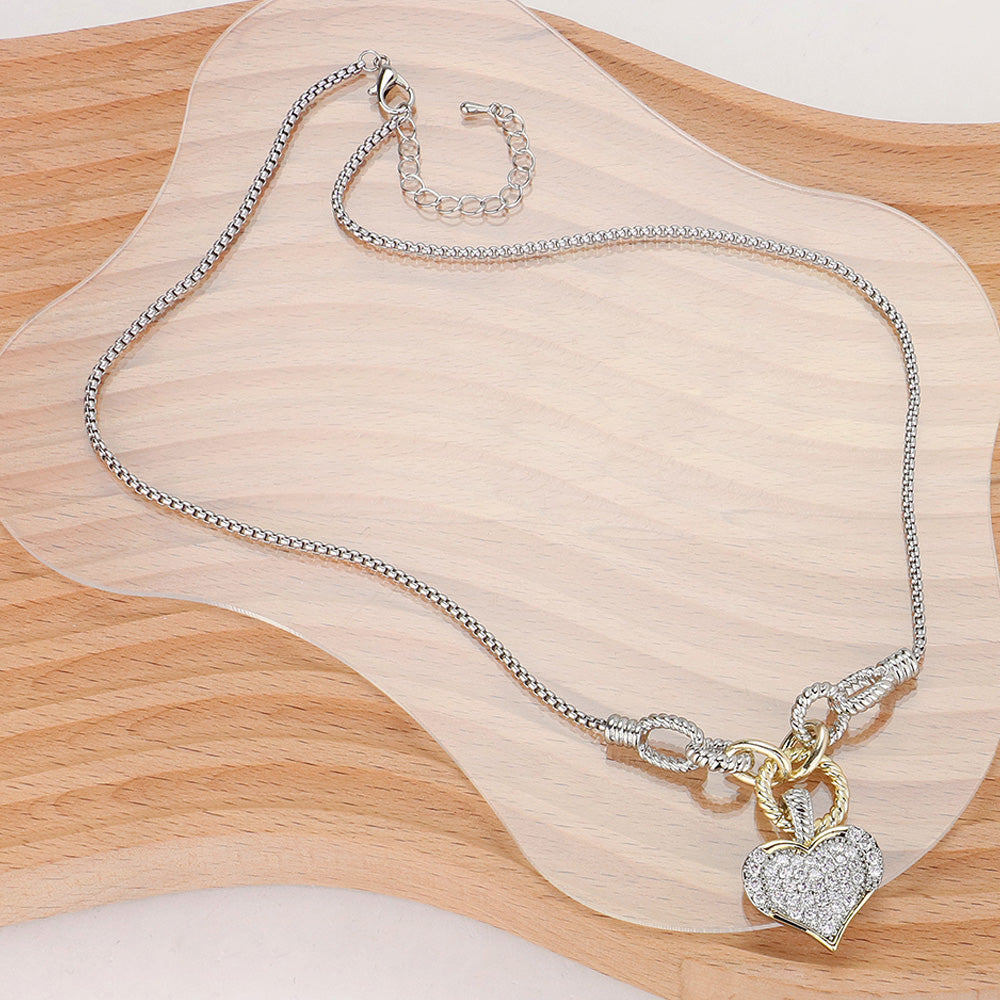 14K Gold Plated Two Tone CZ Stone Paved Heart Pendant Necklace