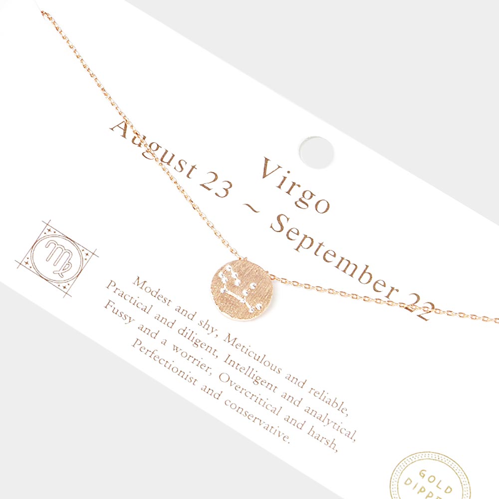Virgo Gold Dipped CZ Zodiac Sign Metal Disc Pendant Necklace