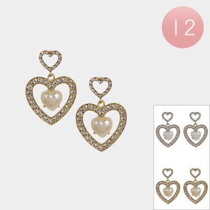 12Pairs - Heart Pearl Pointed Stone Paved Open Heart Dangle Earrings
