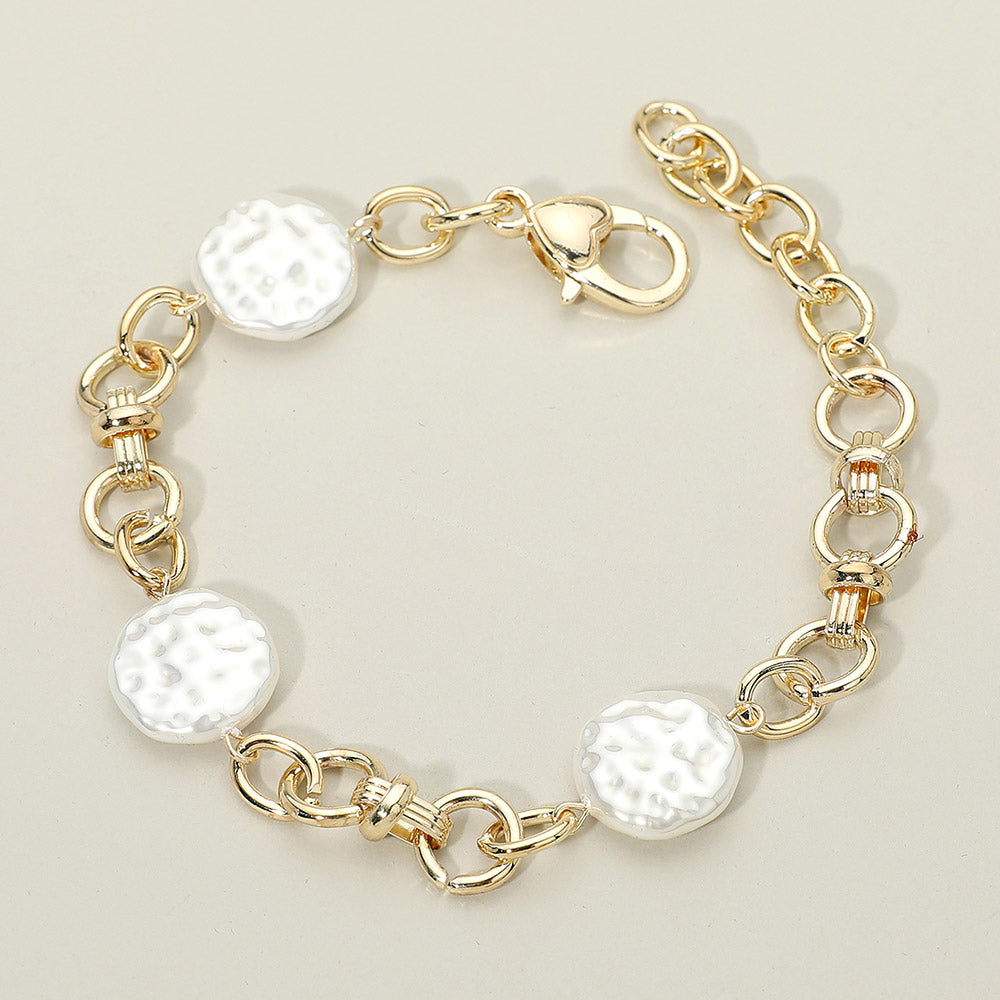 14K Gold Plated Textured Pearl Disc Station Chunky Chain Link Bracelet
