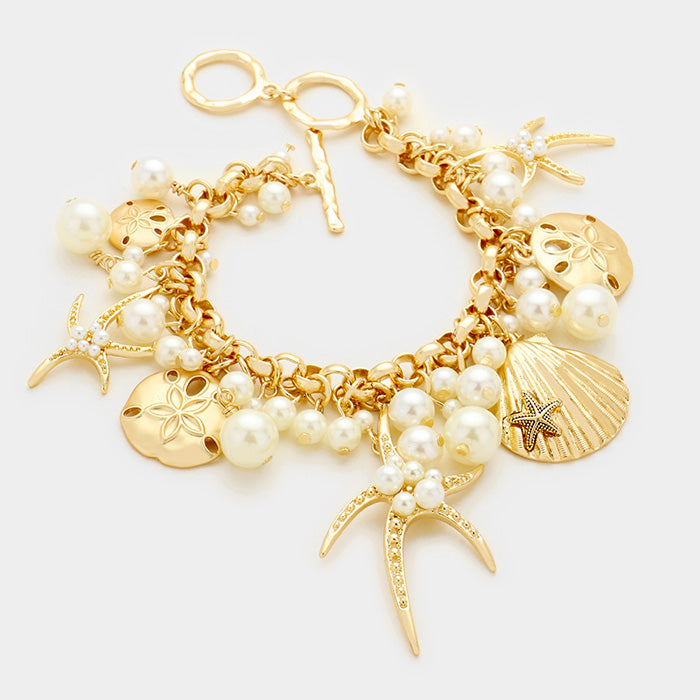 Pearl Embellished Starfish Shell Multi Charm Toggle Bracelet