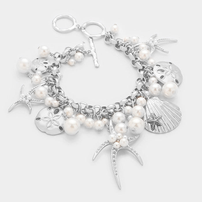 Pearl Embellished Starfish Shell Multi Charm Toggle Bracelet