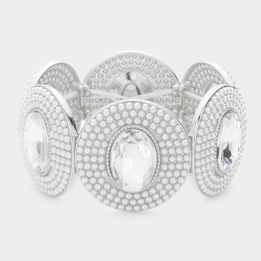 Oval Stone Centered Pearl Cluster Stretch Bracelet