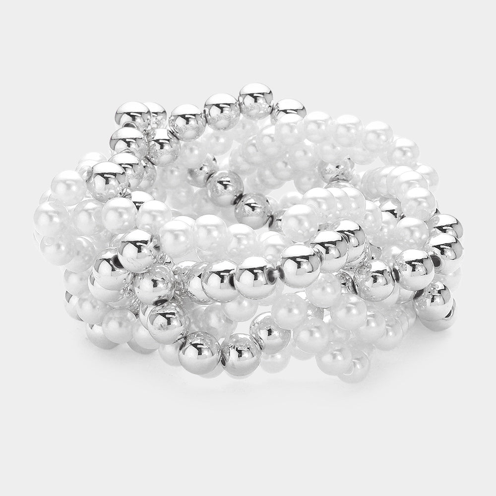 Pulsera elástica retorcida con cuentas de bolas de metal de perlas