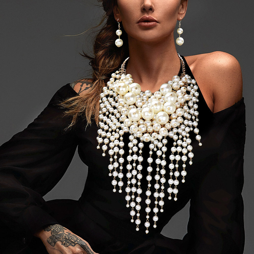 Women's Pearl Cluster Statement Necklace Jewelry Set
