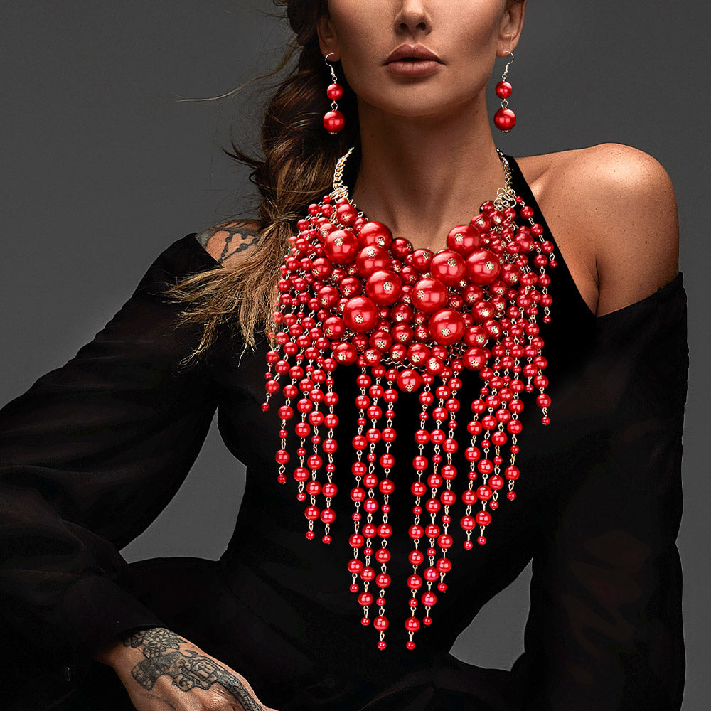 Women's Pearl Cluster Statement Necklace Jewelry Set