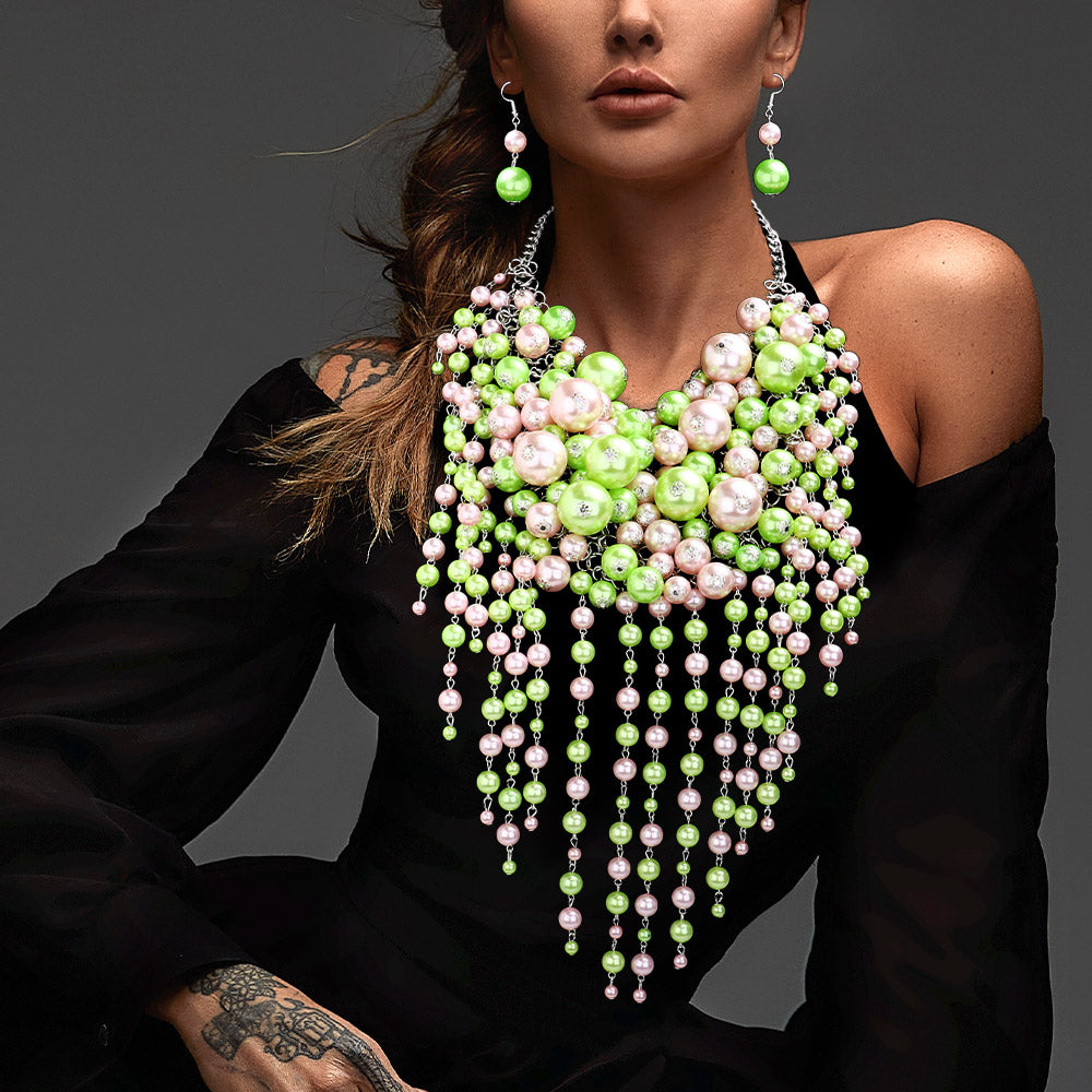 Women's Pearl Cluster Statement Necklace Jewelry Set