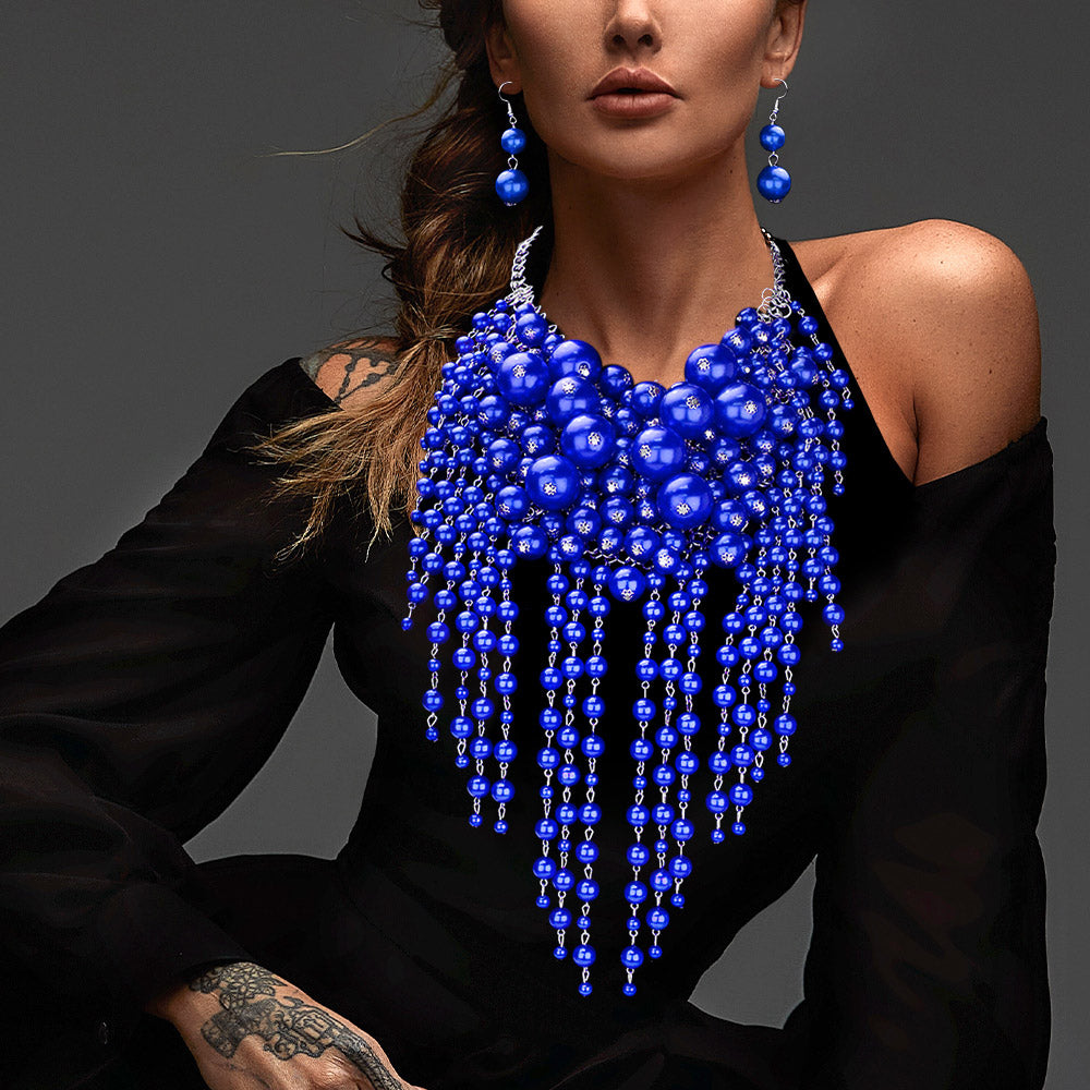Women's Pearl Cluster Statement Necklace Jewelry Set
