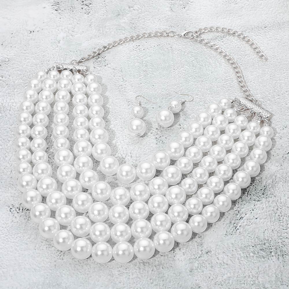Women's Pearl Beaded Multi Strand Statement Necklace