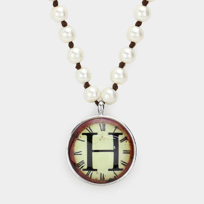 -H- Initial Monogram Pearl Beaded Watch Printed Long Necklace