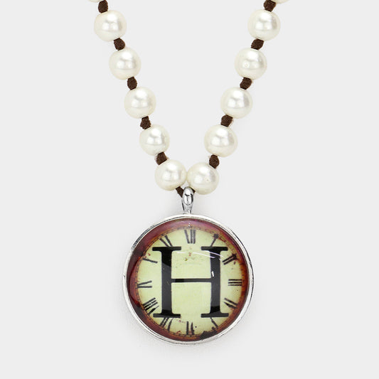 -H- Initial Monogram Pearl Beaded Watch Printed Long Necklace