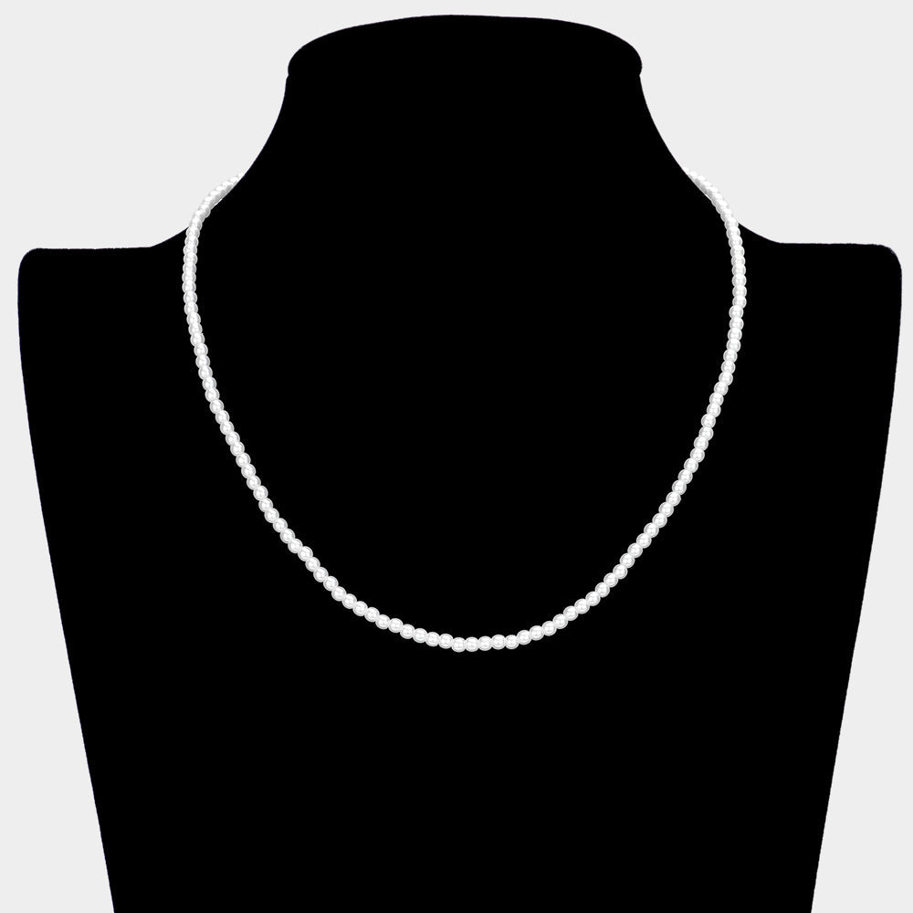 White Gold Dipped Brass Metal 3mm Pearl Necklace