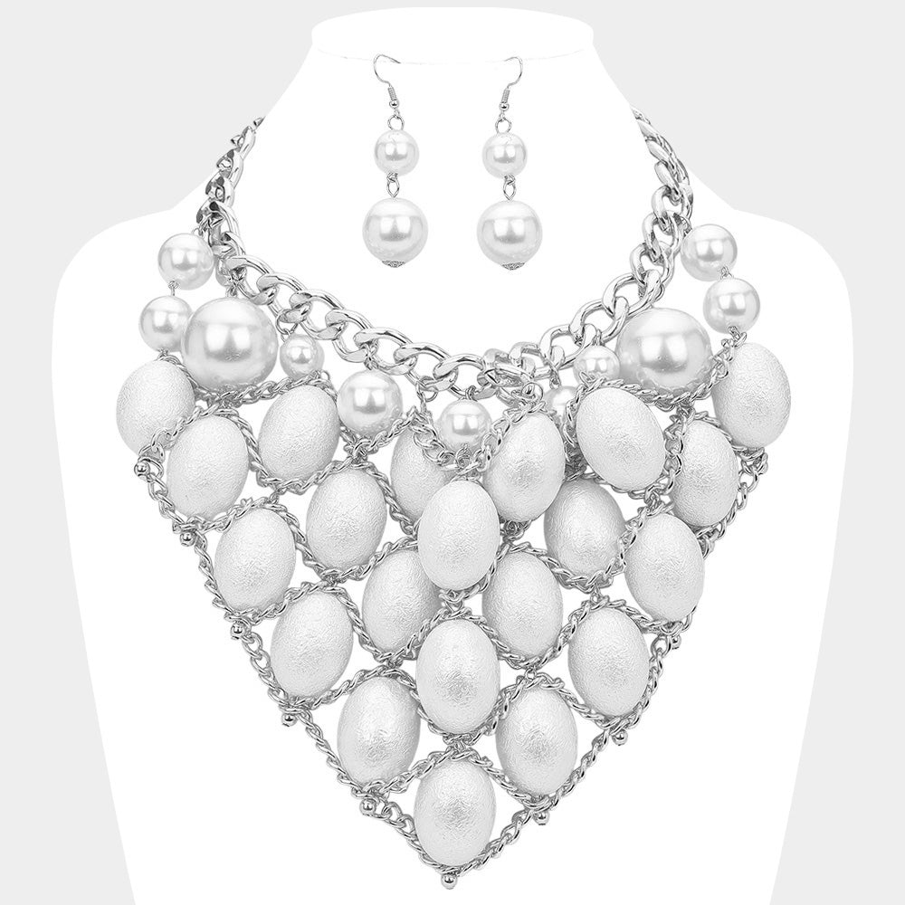 Pearl Chain Link Statement Bib Necklace
