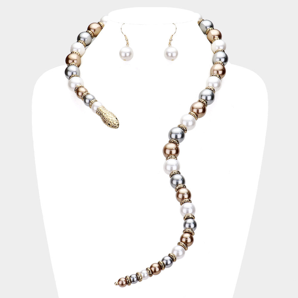 Pearl Beaded Snake Open Necklace