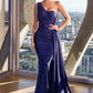 Ladivine PT004 Long Chic One Shoulder Stretch Satin Side Sash Gown