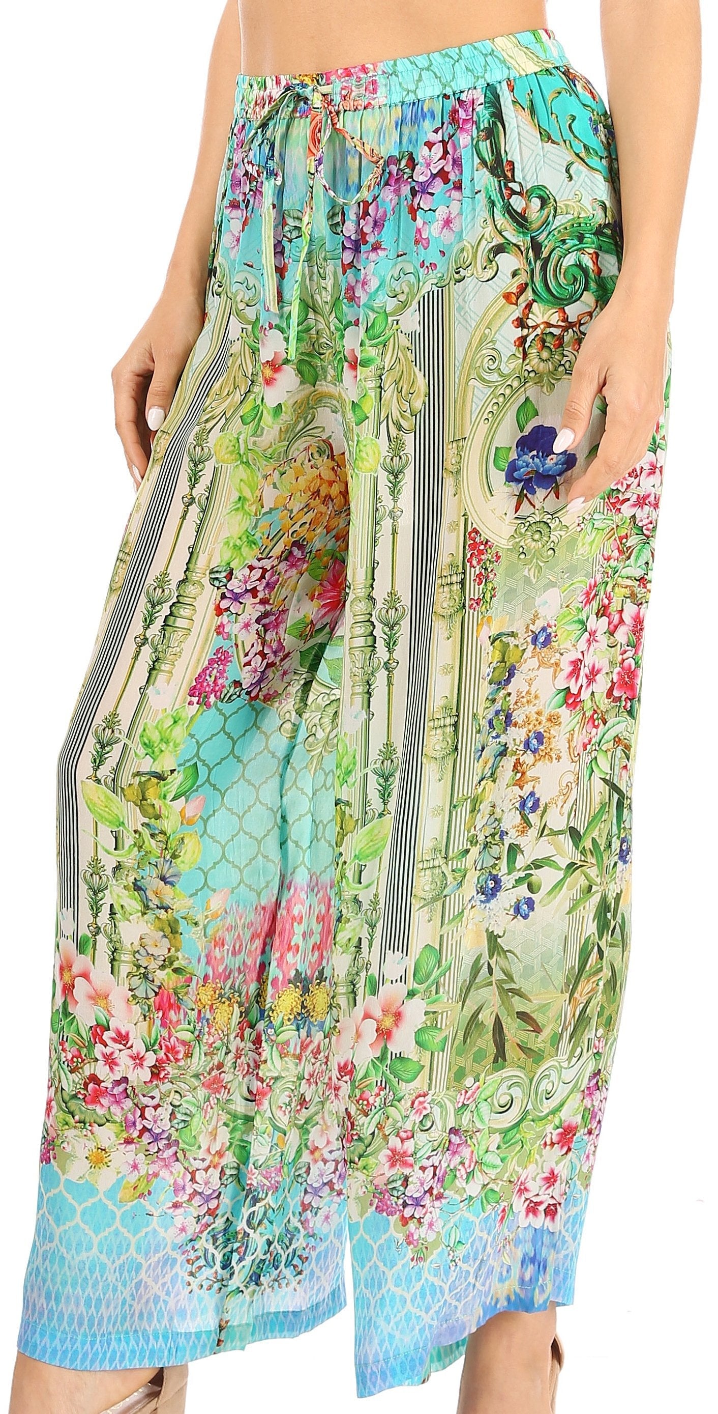 Pantalones palazzo anchos Sakkas Anie, holgados, informales, bohemios, con estampado floral para mujer