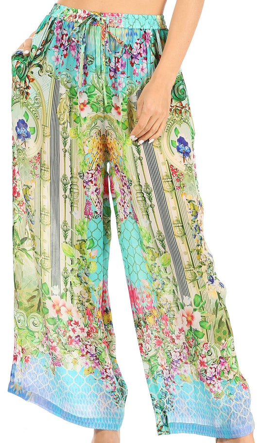 Pantalones palazzo anchos Sakkas Anie, holgados, informales, bohemios, con estampado floral para mujer