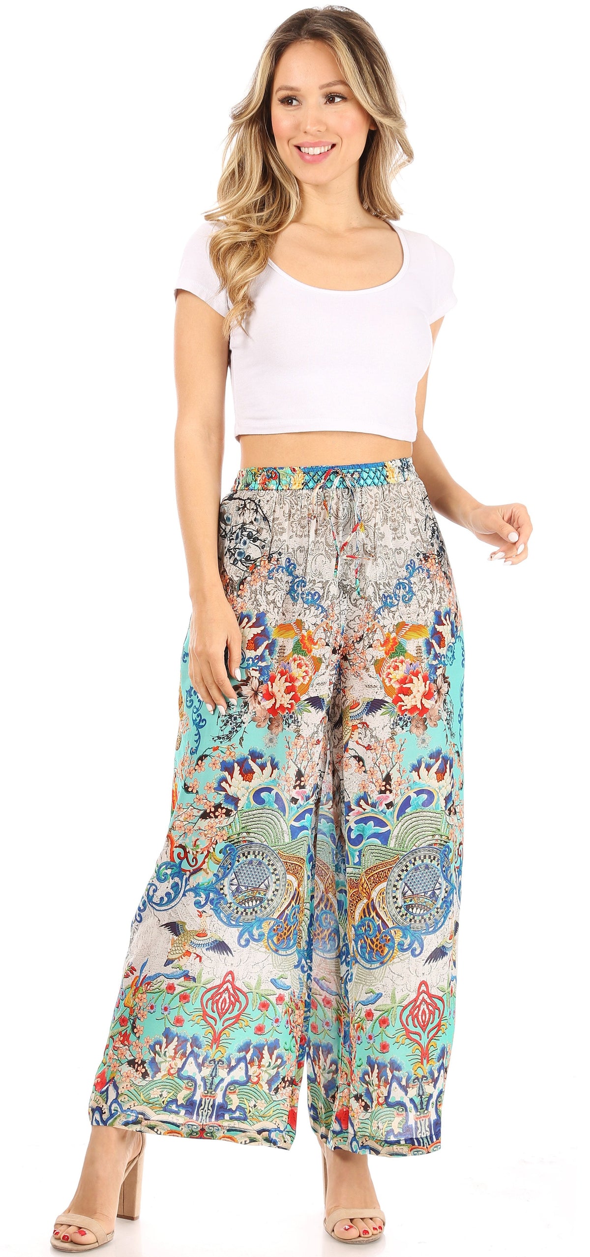 Pantalones palazzo anchos Sakkas Anie, holgados, informales, bohemios, con estampado floral para mujer