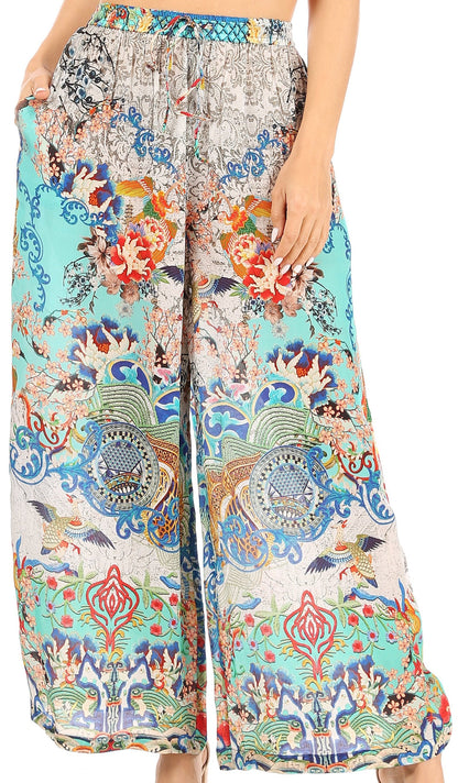 Pantalones palazzo anchos Sakkas Anie, holgados, informales, bohemios, con estampado floral para mujer