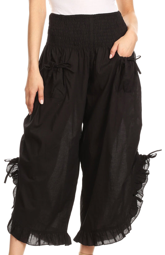 Sakkas Loore - Pantalones Gaucho de Pierna Ancha de Algodón para Mujer con Bolsillos y Cintura Fruncida