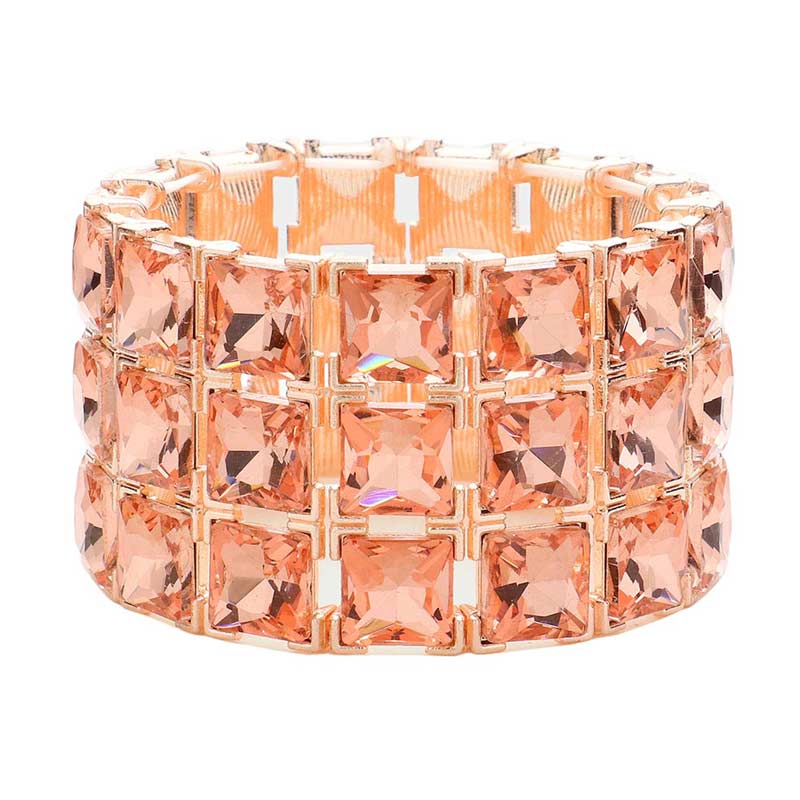 3Rows Square Stone Stretch Evening Bracelet
