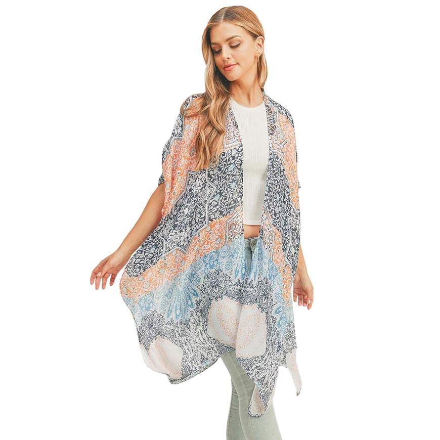 Floral Leaf Patterned Cover Up Kimono Poncho