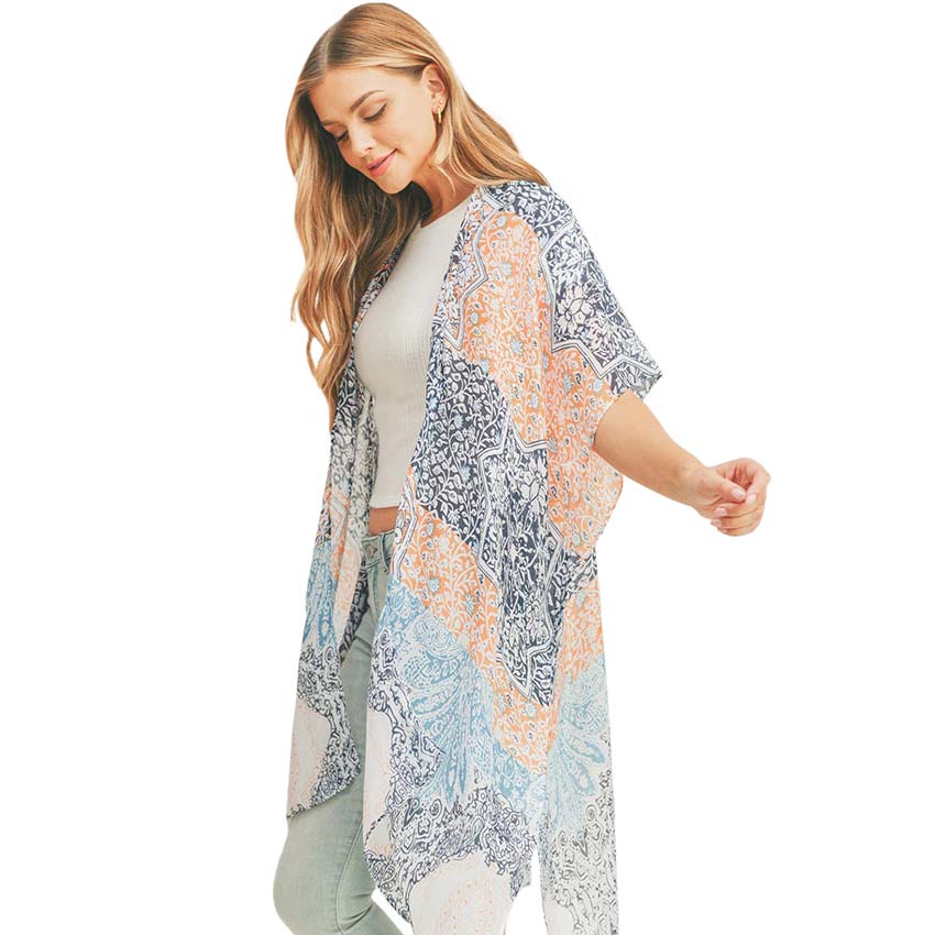 Floral Leaf Patterned Cover Up Kimono Poncho